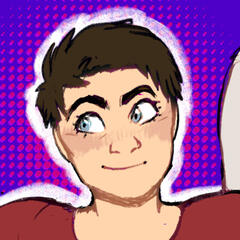 A photo of the artist with half of it drawn as a stylized illustration.